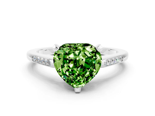 Platinum Heart Cut Peridot Solitaire Ring with Channel Set Round Band and Prong Setting