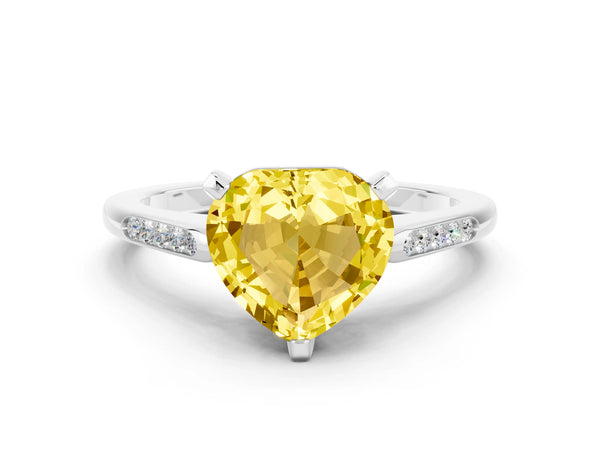 Platinum Heart Cut Yellow Sapphire Solitaire Ring with Channel Set Round Band and Prong Setting
