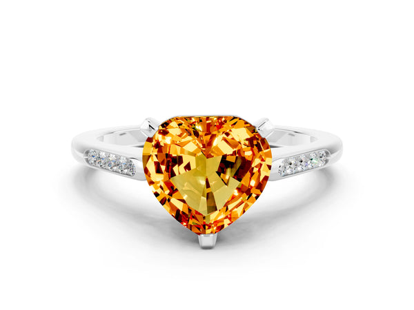 Silver Heart Cut Citrine Solitaire Ring with Channel Set Round Band and Prong Setting