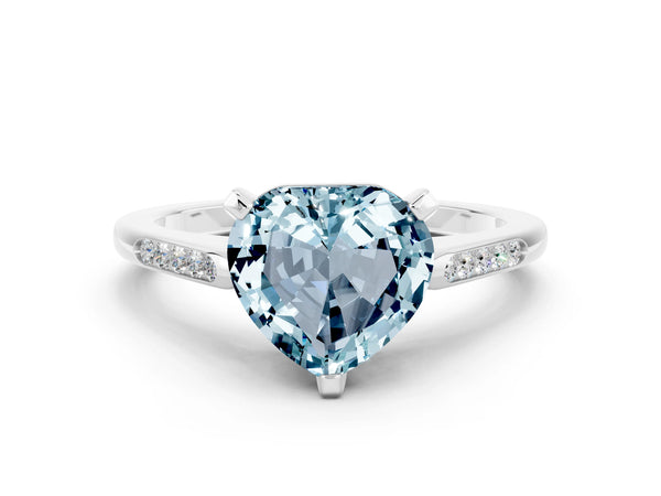Platinum Heart Cut Aquamarine Solitaire Ring with Channel Set Round Band and Prong Setting