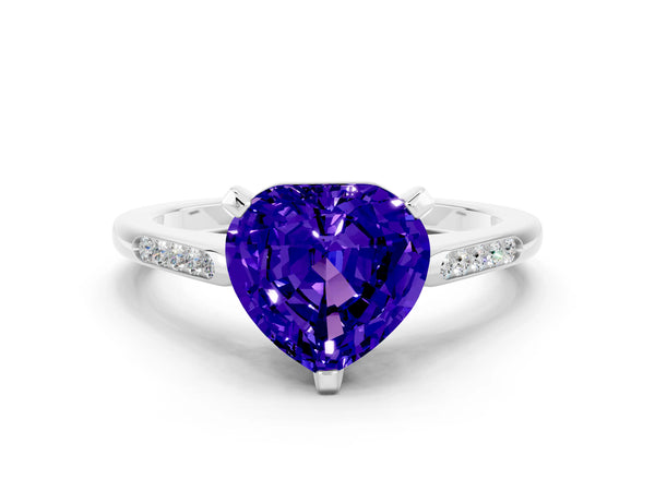 Silver Heart Cut Tanzanite Solitaire Ring with Channel Set Round Band and Prong Setting
