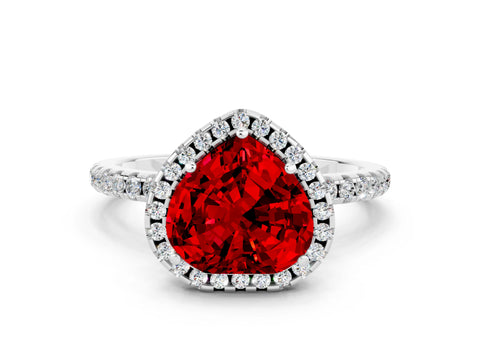 White gold Heart Cut Cut Diamond Floral Halo Engagement Ring with Pavé Band and Prong Setting