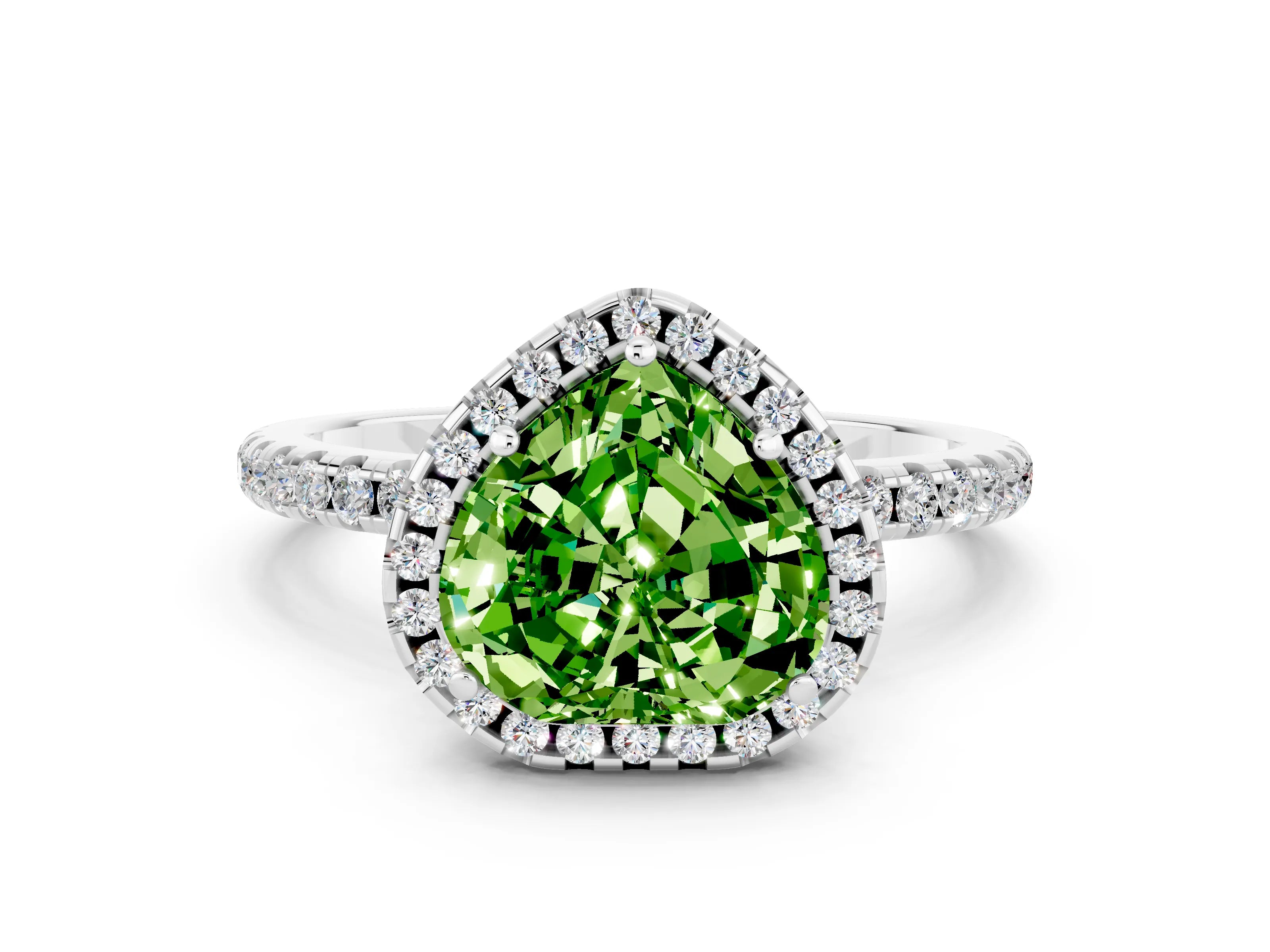White gold Heart Cut Cut Diamond Floral Halo Engagement Ring with Pavé Band and Prong Setting