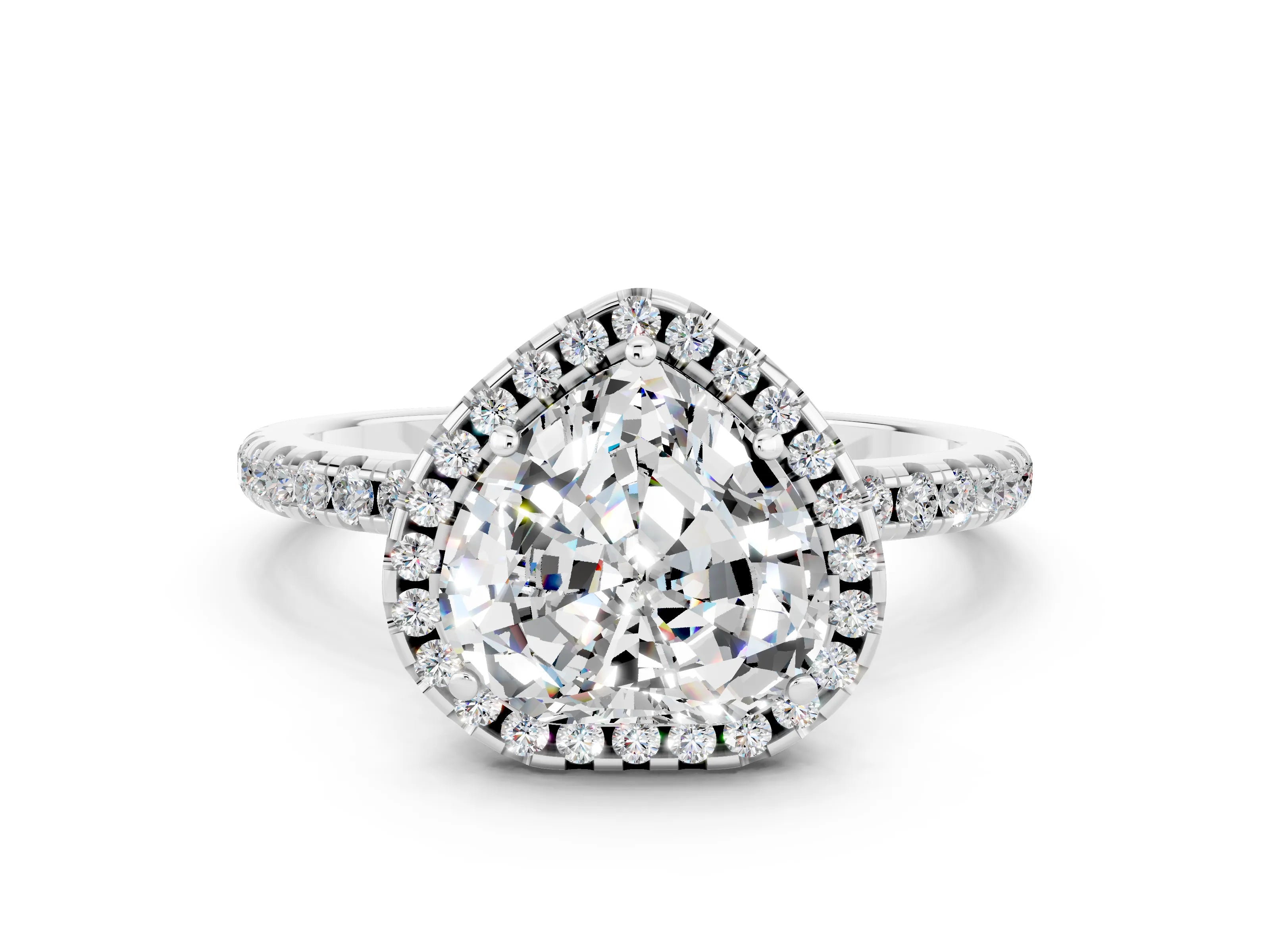 White gold Heart Cut Cut Diamond Floral Halo Engagement Ring with Pavé Band and Prong Setting