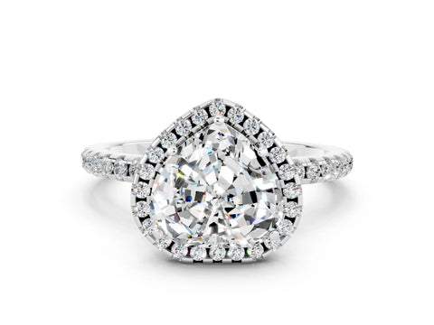 White gold Heart Cut Cut Diamond Floral Halo Engagement Ring with Pavé Band and Prong Setting