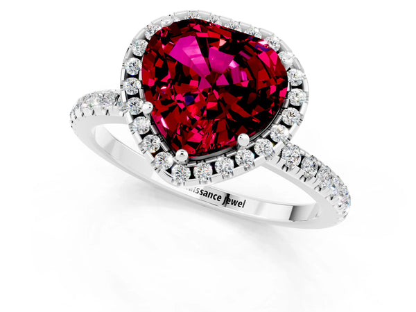 Silver Heart Cut Garnet Halo Engagement Ring with Round Pavé Band and Prong Setting
