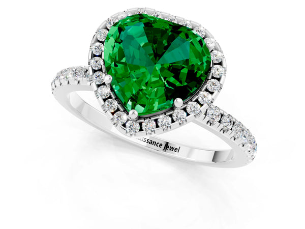 Silver Heart Cut Emerald Halo Engagement Ring with Round Pavé Band and Prong Setting