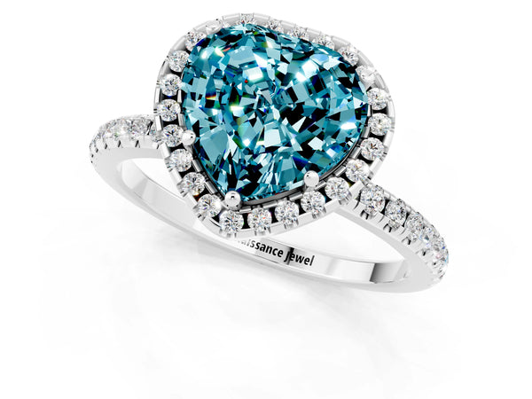 Silver Heart Cut Cut Diamond Floral Halo Engagement Ring with Pavé Band and Prong Setting