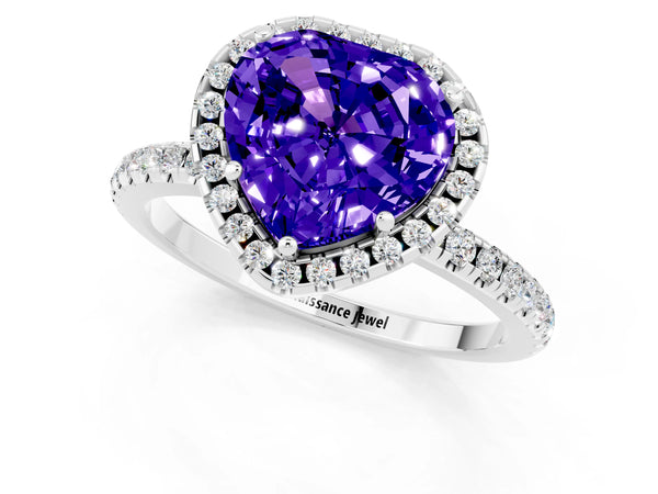 White gold Heart Cut Tanzanite Halo Engagement Ring with Round Pavé Band and Prong Setting
