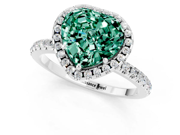 White gold Heart Cut Green Sapphire Halo Engagement Ring with Round Pavé Band and Prong Setting