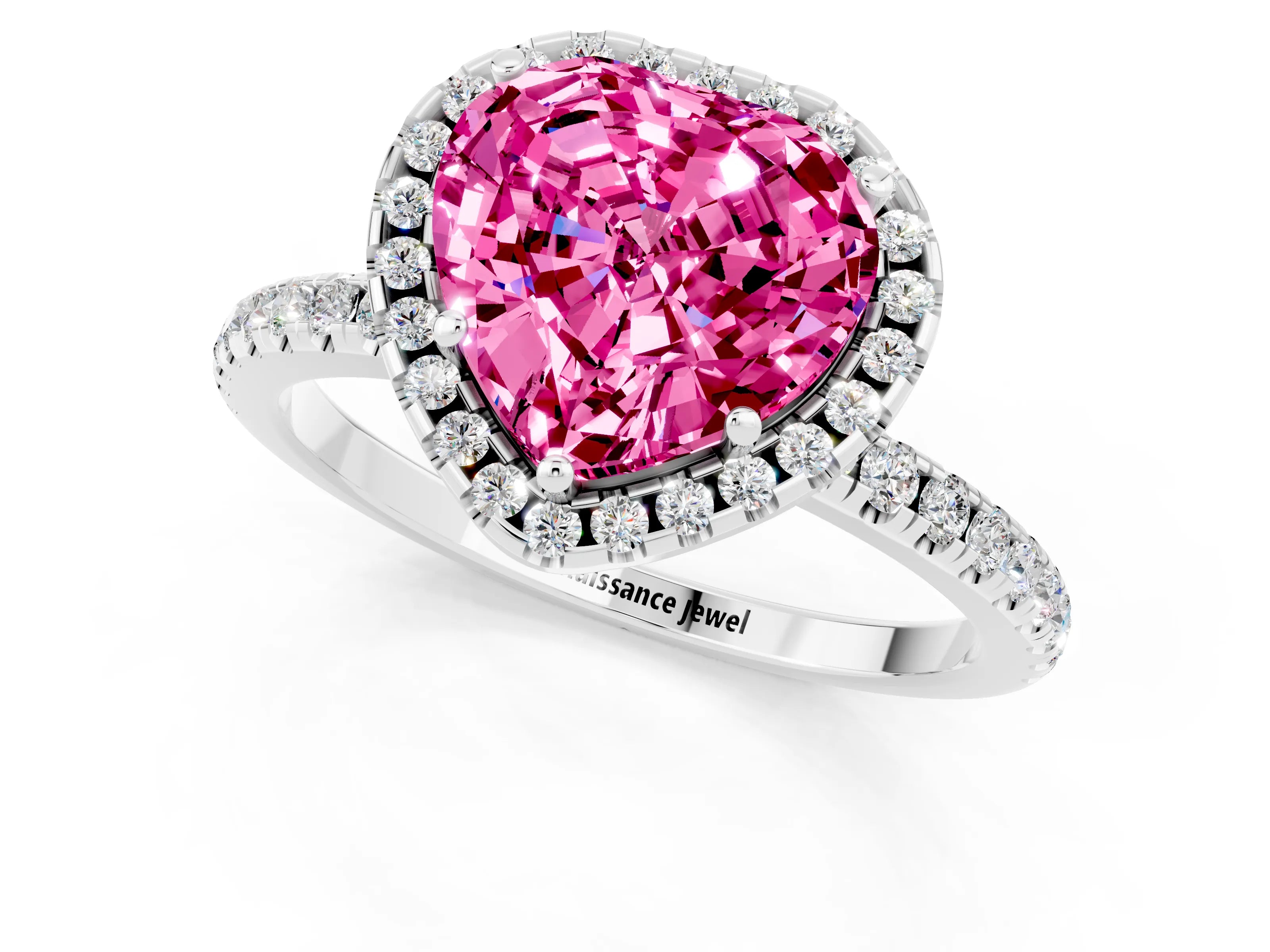 White gold Heart Cut Cut Diamond Floral Halo Engagement Ring with Pavé Band and Prong Setting_1