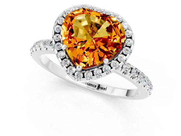 White gold Heart Cut Citrine Halo Engagement Ring with Round Pavé Band and Prong Setting