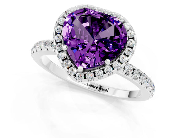 Platinum Heart Cut Cut Diamond Floral Halo Engagement Ring with Pavé Band and Prong Setting