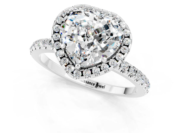 Platinum Heart Cut Moissanite Halo Engagement Ring with Round Pavé Band and Prong Setting