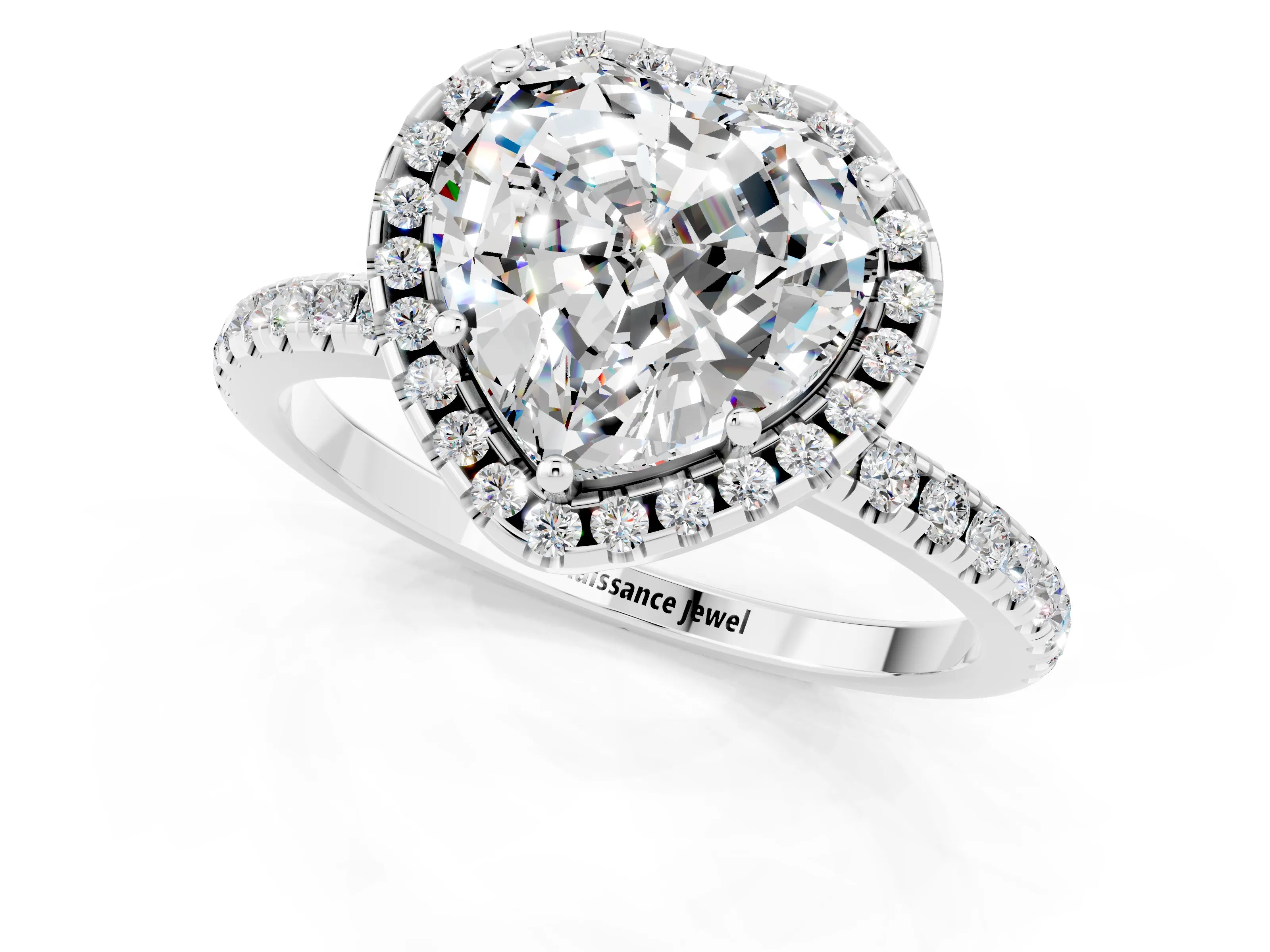 White gold Heart Cut Cut Diamond Floral Halo Engagement Ring with Pavé Band and Prong Setting_1