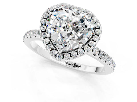 White gold Heart Cut Cut Diamond Floral Halo Engagement Ring with Pavé Band and Prong Setting_1