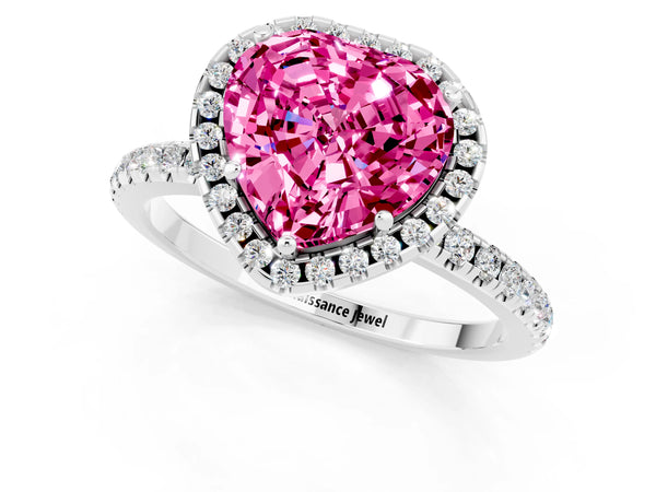 Platinum Heart Cut Cut Diamond Floral Halo Engagement Ring with Pavé Band and Prong Setting