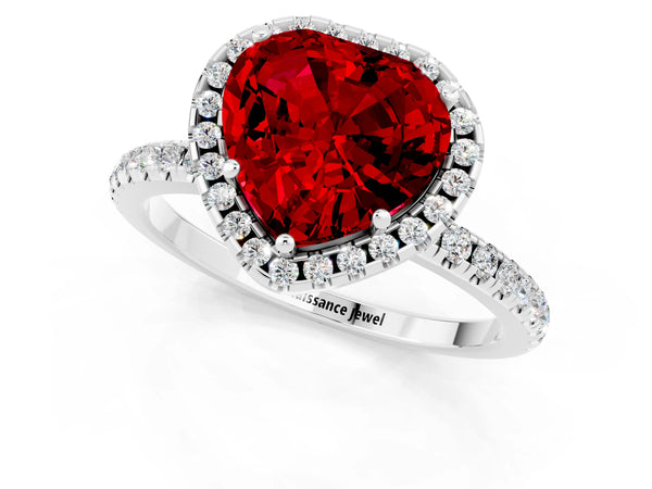 White gold Heart Cut Cut Diamond Floral Halo Engagement Ring with Pavé Band and Prong Setting