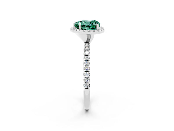 White gold Heart Cut Green Sapphire Halo Engagement Ring with Round Pavé Band and Prong Setting