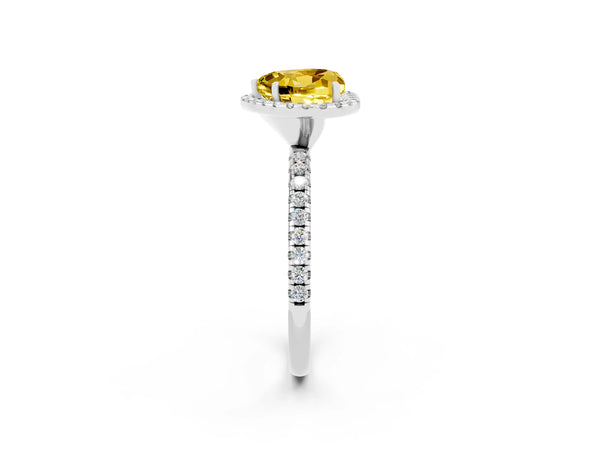 Platinum Heart Cut Yellow Sapphire Halo Engagement Ring with Round Pavé Band and Prong Setting
