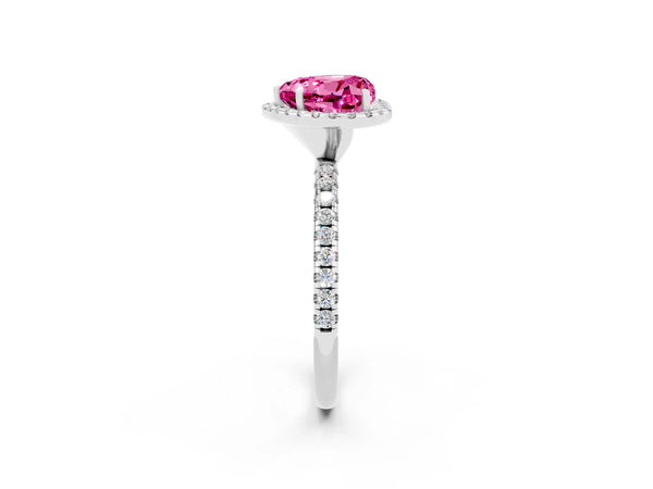 Platinum Heart Cut Cut Diamond Floral Halo Engagement Ring with Pavé Band and Prong Setting