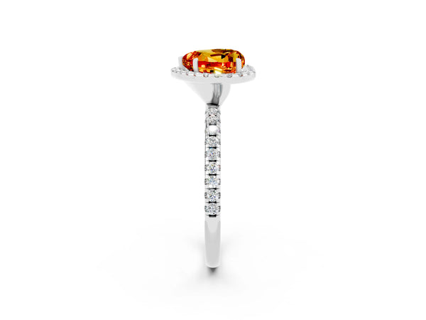 White gold Heart Cut Citrine Halo Engagement Ring with Round Pavé Band and Prong Setting
