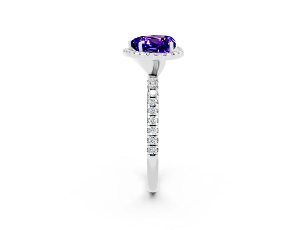 Silver Heart Cut Tanzanite Halo Engagement Ring with Round Pavé Band and Prong Setting