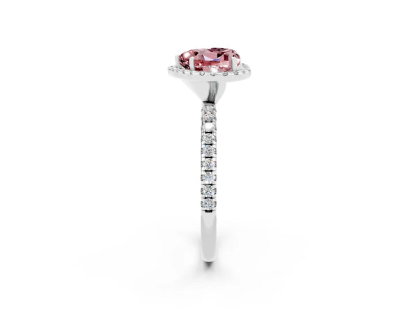 White gold Heart Cut Cut Diamond Floral Halo Engagement Ring with Pavé Band and Prong Setting