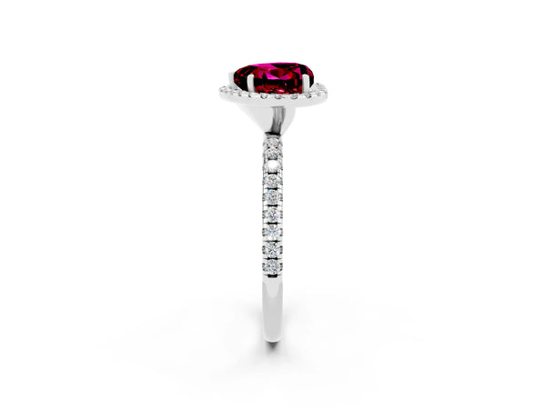 White gold Heart Cut Garnet Halo Engagement Ring with Round Pavé Band and Prong Setting