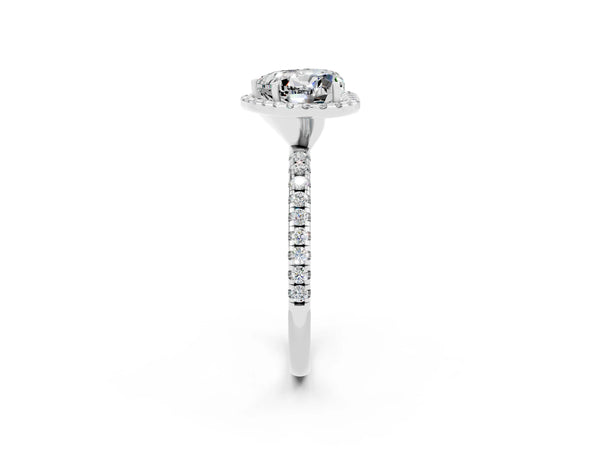 Silver Heart Cut Moissanite Halo Engagement Ring with Round Pavé Band and Prong Setting