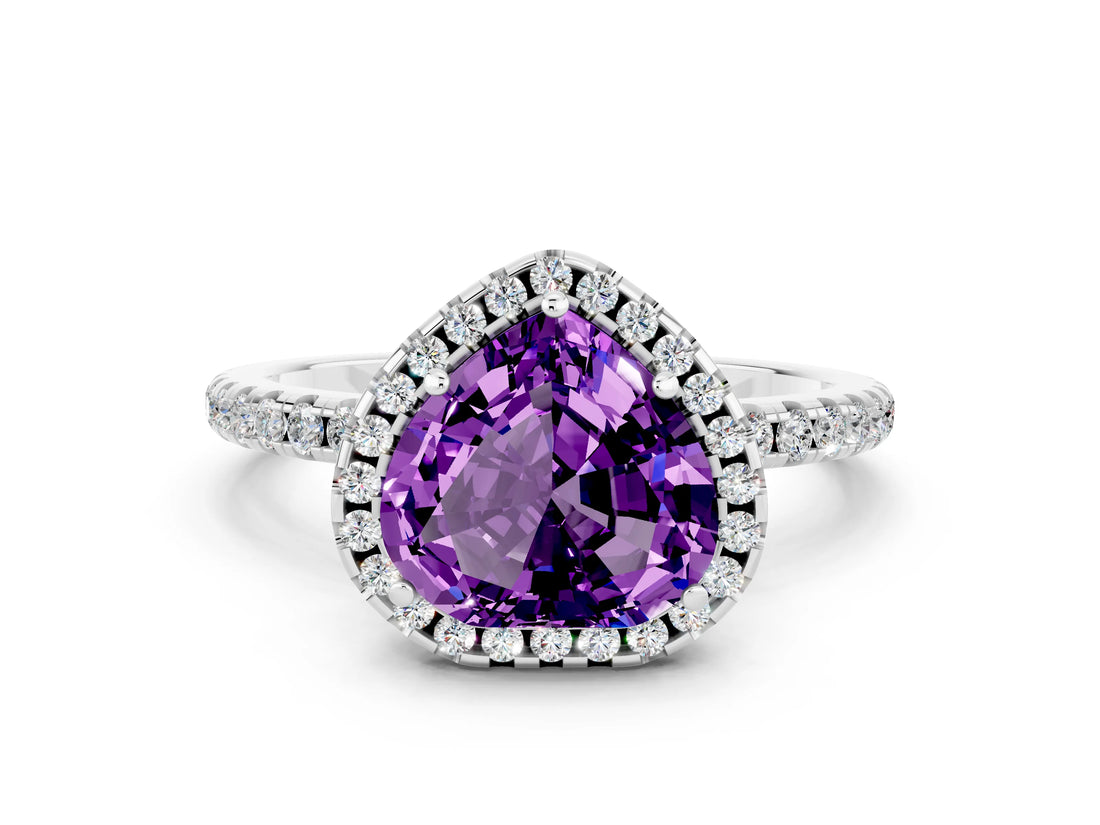 White gold Heart Cut Cut Diamond Floral Halo Engagement Ring with Pavé Band and Prong Setting