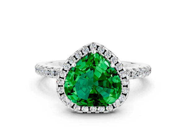 Silver Heart Cut Emerald Halo Engagement Ring with Round Pavé Band and Prong Setting