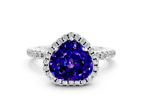 White gold Heart Cut Cut Diamond Floral Halo Engagement Ring with Pavé Band and Prong Setting