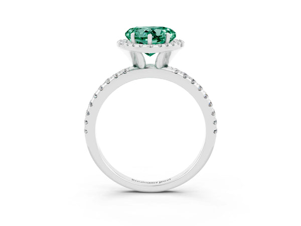 White gold Heart Cut Green Sapphire Halo Engagement Ring with Round Pavé Band and Prong Setting