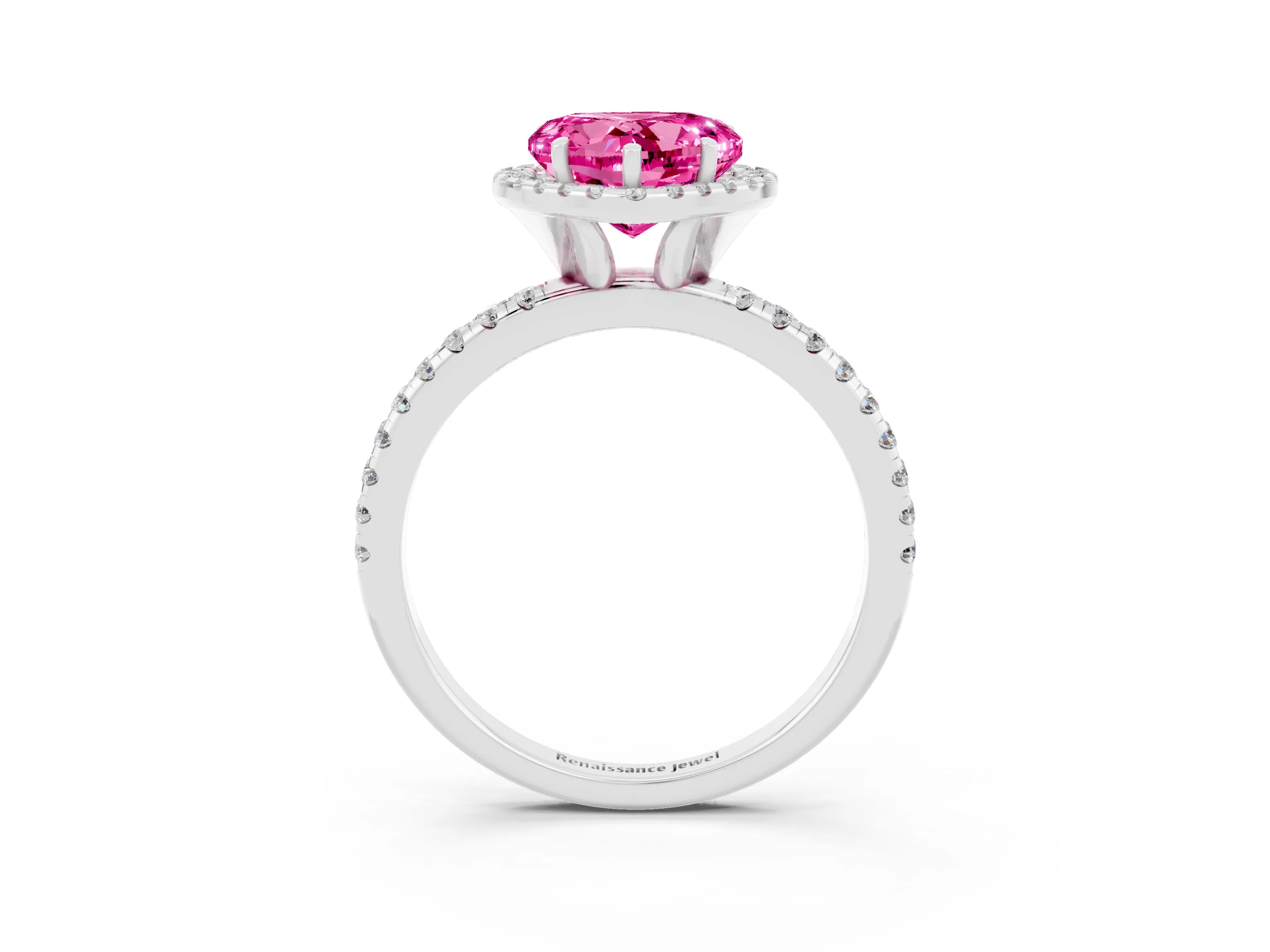 White gold Heart Cut Cut Diamond Floral Halo Engagement Ring with Pavé Band and Prong Setting_3