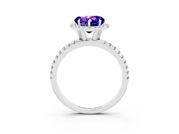 Silver Heart Cut Tanzanite Halo Engagement Ring with Round Pavé Band and Prong Setting