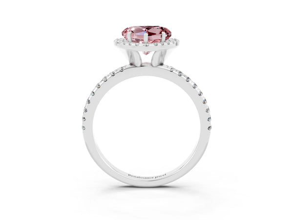 White gold Heart Cut Cut Diamond Floral Halo Engagement Ring with Pavé Band and Prong Setting