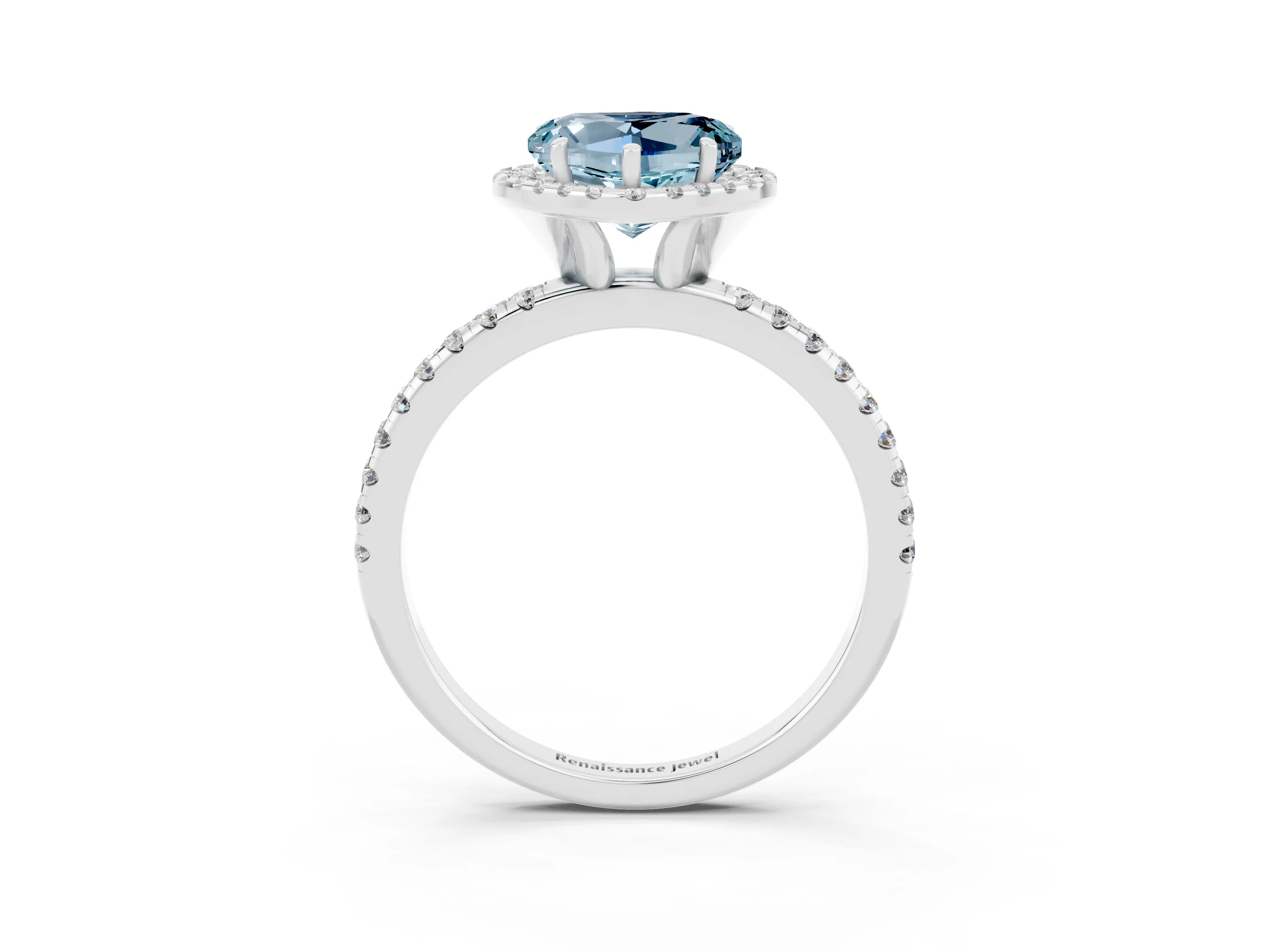 White gold Heart Cut Cut Diamond Floral Halo Engagement Ring with Pavé Band and Prong Setting_3