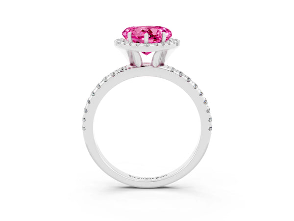 Platinum Heart Cut Cut Diamond Floral Halo Engagement Ring with Pavé Band and Prong Setting
