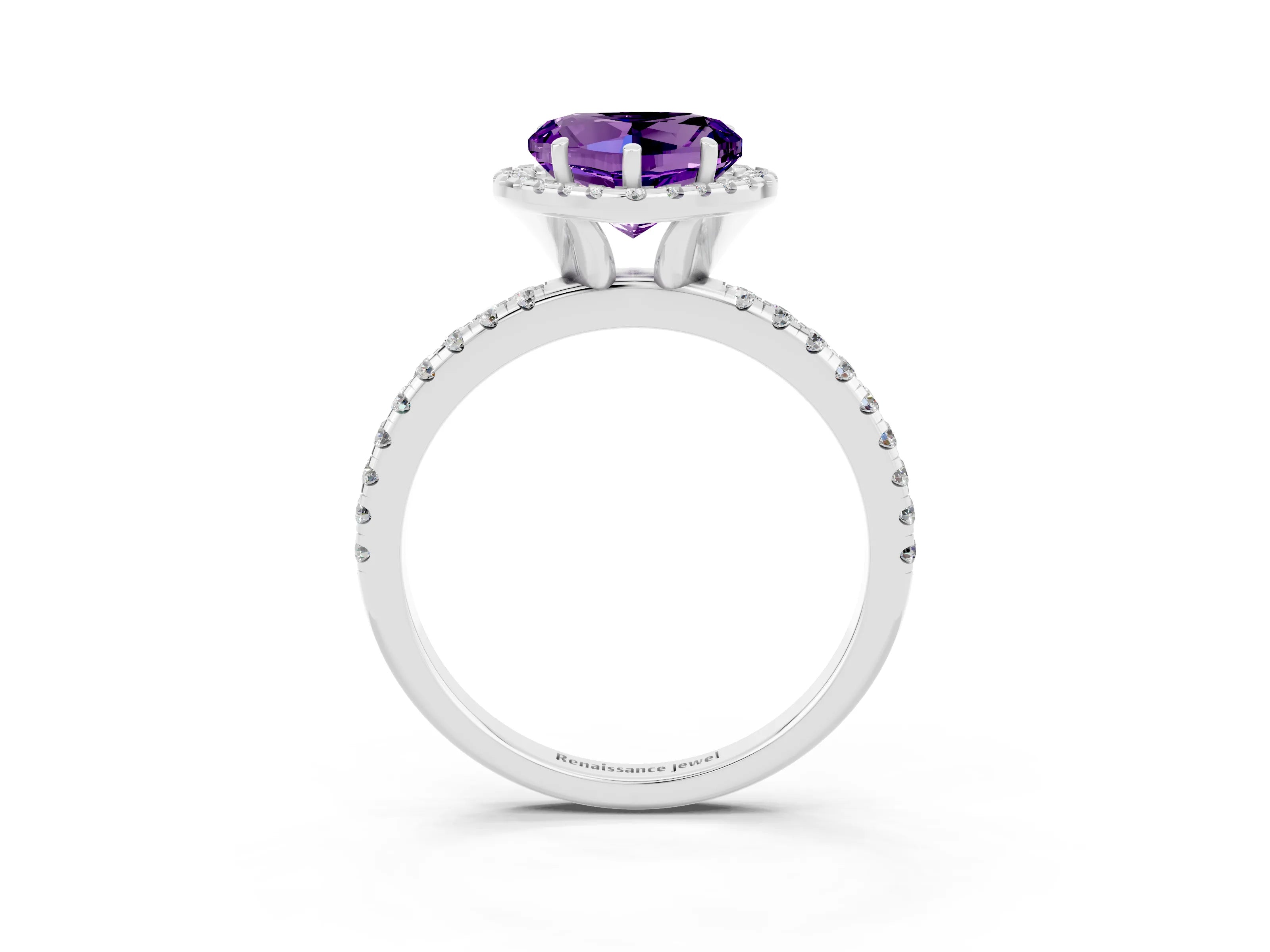White gold Heart Cut Cut Diamond Floral Halo Engagement Ring with Pavé Band and Prong Setting_3