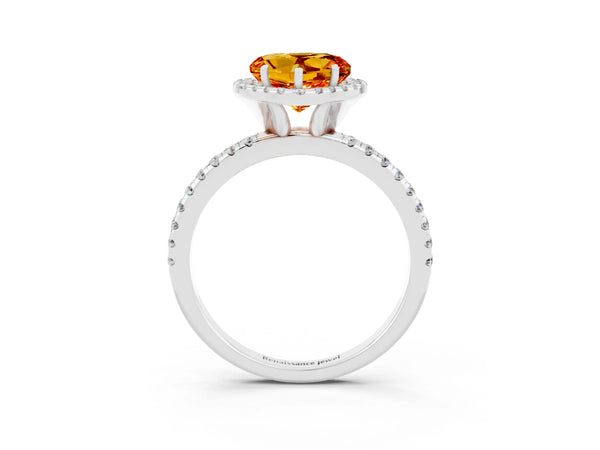 White gold Heart Cut Citrine Halo Engagement Ring with Round Pavé Band and Prong Setting