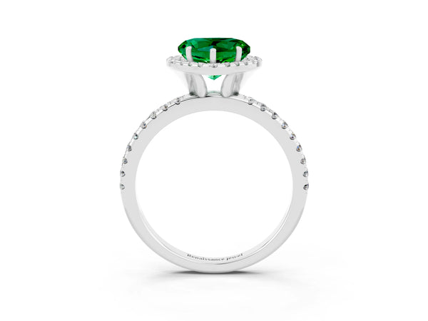 Silver Heart Cut Emerald Halo Engagement Ring with Round Pavé Band and Prong Setting