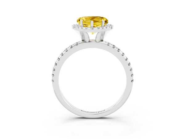 White gold Heart Cut Yellow Sapphire Halo Engagement Ring with Round Pavé Band and Prong Setting