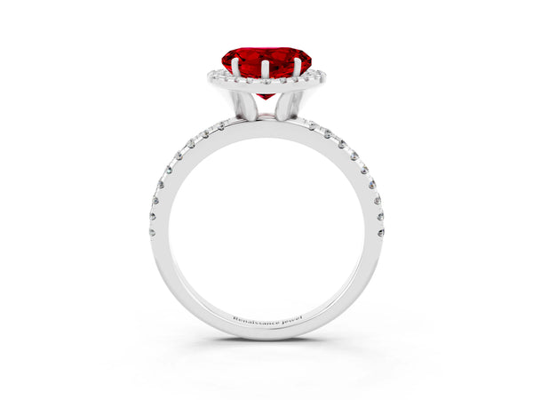 White gold Heart Cut Cut Diamond Floral Halo Engagement Ring with Pavé Band and Prong Setting