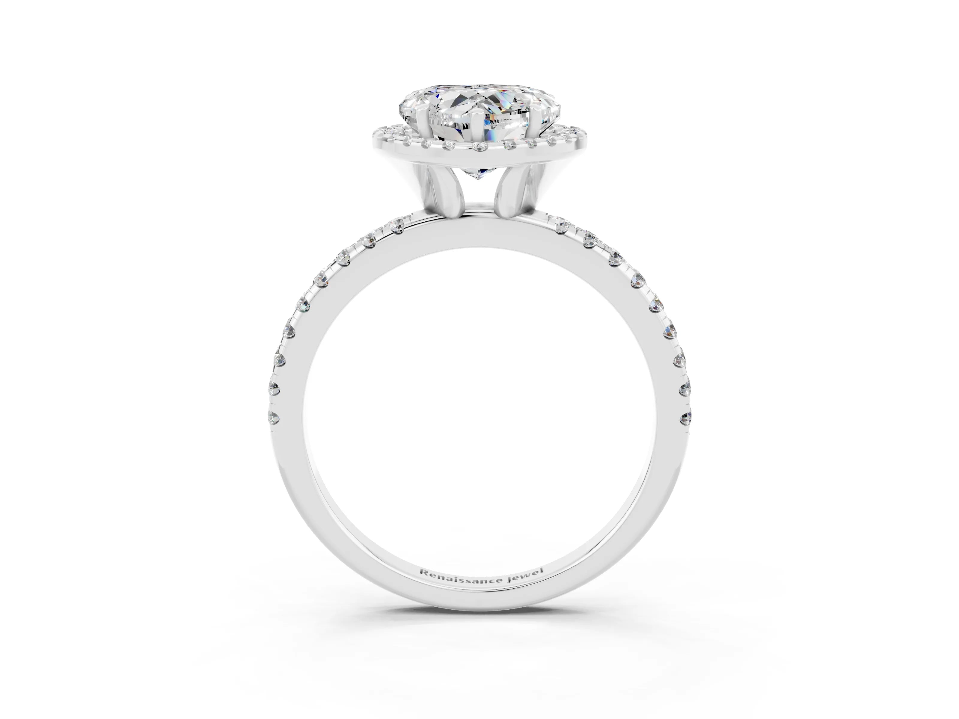 White gold Heart Cut Cut Diamond Floral Halo Engagement Ring with Pavé Band and Prong Setting_3
