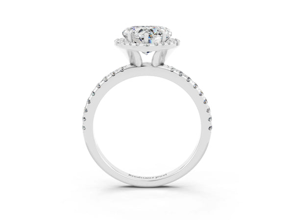 Silver Heart Cut Moissanite Halo Engagement Ring with Round Pavé Band and Prong Setting