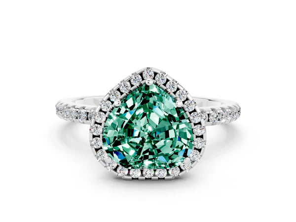 White gold Heart Cut Green Sapphire Halo Engagement Ring with Round Pavé Band and Prong Setting