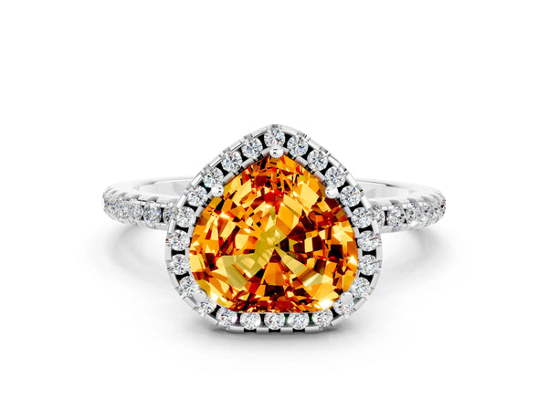 White gold Heart Cut Citrine Halo Engagement Ring with Round Pavé Band and Prong Setting