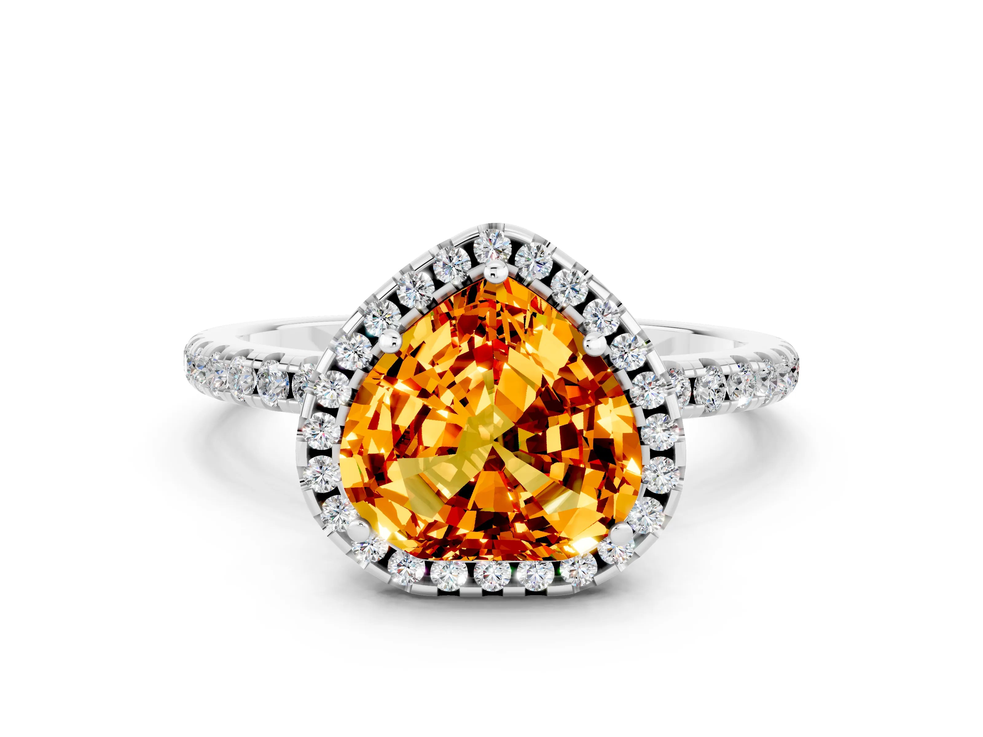 White gold Heart Cut Cut Diamond Floral Halo Engagement Ring with Pavé Band and Prong Setting