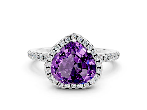 White gold Heart Cut Cut Diamond Floral Halo Engagement Ring with Pavé Band and Prong Setting